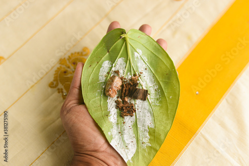 Obraz na plátně Betel leaf with areca nut paan masala,  Kerala Onam festival giving Dakshina, Indian culture monastery, temple, spiritual guide or after a ritual Pooja