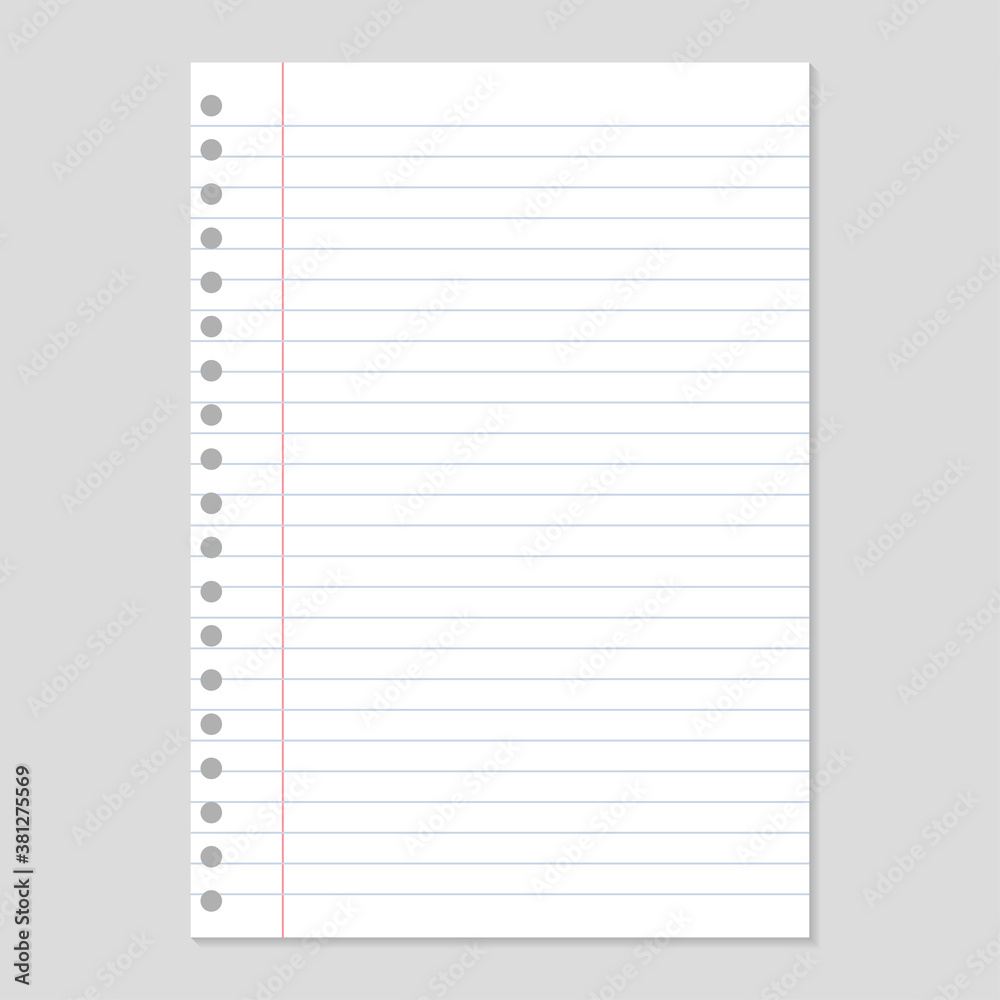 Sheet of notebook paper with shadow on gray background Sheet of notebook paper with shadow on gray background