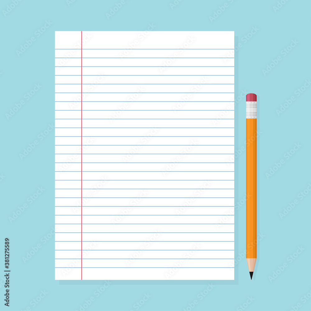 Paper sheet of notebook and pencil on blue background Paper sheet of notebook and pencil on blue background