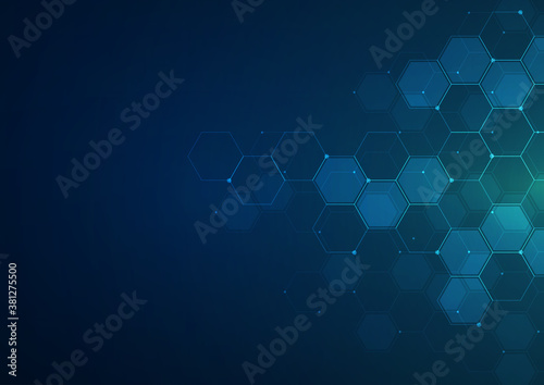 Digital technology background. Abstract hexagons background with lines and dots. Design for science, medicine or technology
