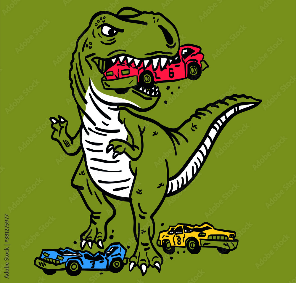 Obraz premium Vector Illustration of dinosaur smashing cars