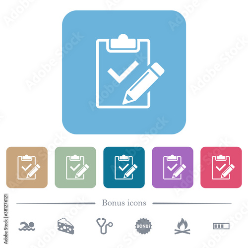 Fill out checklist flat icons on color rounded square backgrounds