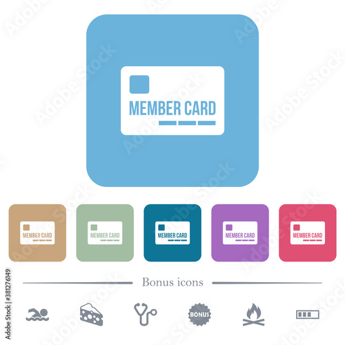 Member card flat icons on color rounded square backgrounds