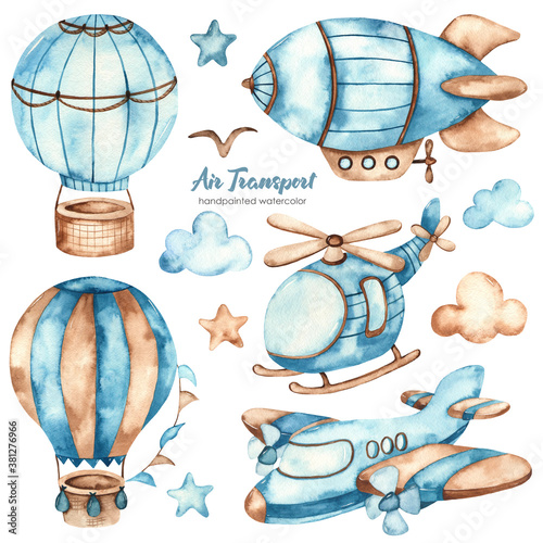 Watercolor clipart air transport with airplane, airship, air balloon, helicopter