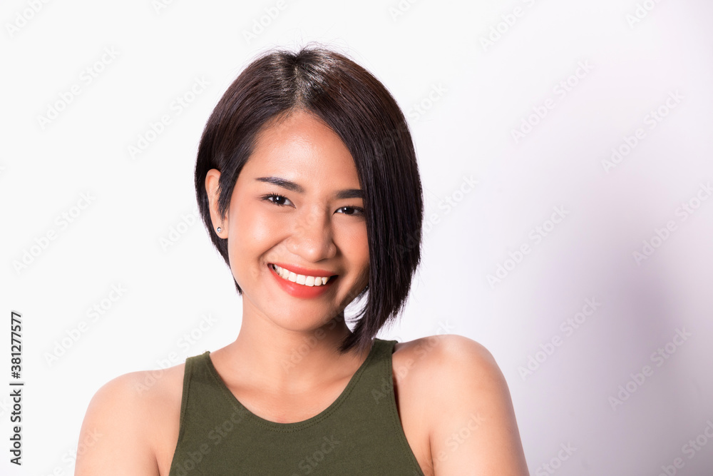 Close up of young Asian beautiful woman with smiling face bright isolated on white background. Close up of young Asian beautiful woman with smiling face bright isolated on white background.