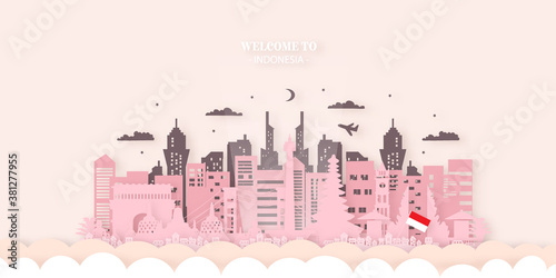 Indonesia Travel Ticket Postcard, poster, tour advertising of world famous landmarks of Indonesia. Vector illustration.