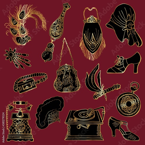 1920s Art Deco Accessories Set. Cartoon style. Stock Illustration.