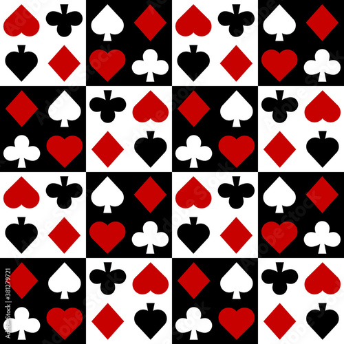 Seamless pattern with Playing card suits. Hearts, Spades, Diamonds, Clubs. Endless background. Vector illustration.