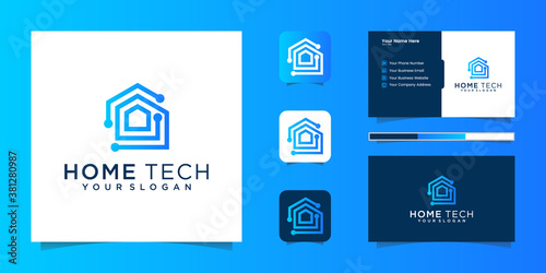 home tech logo line art with dot connect and business card