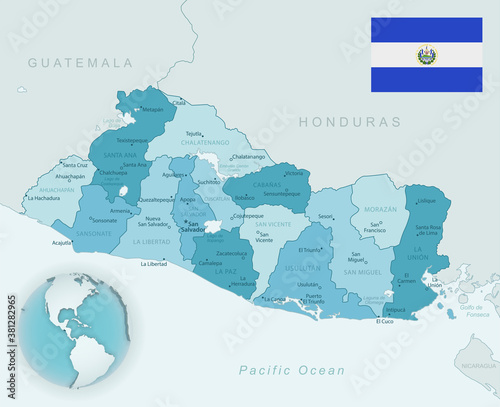 Blue-green detailed map of El Salvador administrative divisions with country flag and location on the globe.