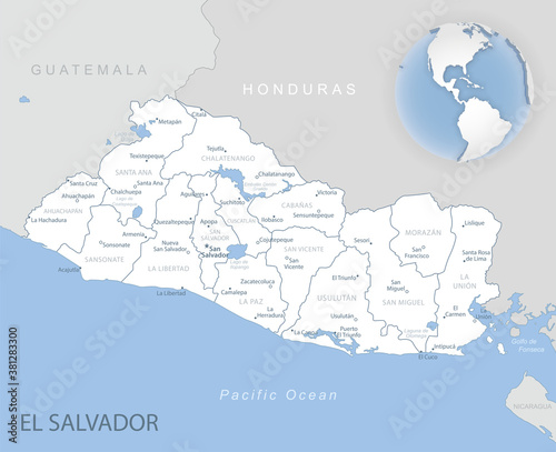Blue-gray detailed map of El Salvador administrative divisions and location on the globe. Vector illustration