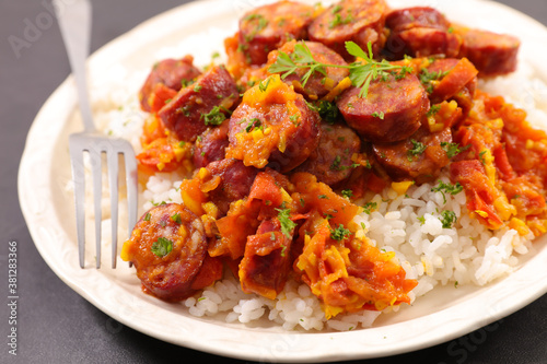 rougail saucisse- rice and sausage cooked with spicy tomato sauce