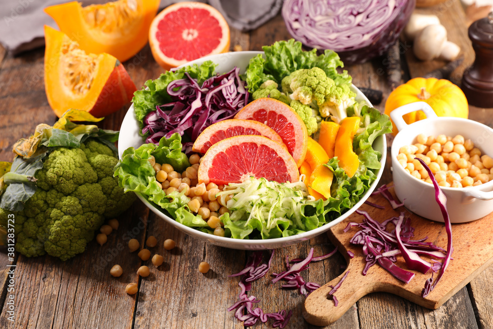 mixed vegetable salad with pumpkin, grapefruit, chickpea and cabbage mixed vegetable salad with pumpkin, grapefruit, chickpea and cabbage