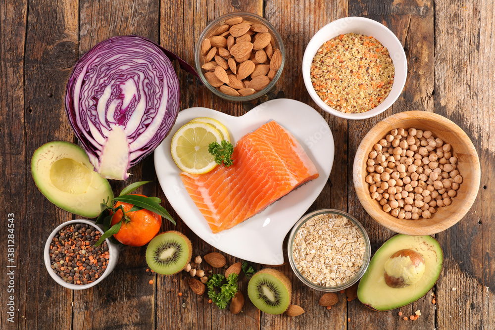 diet food concept- cereal, fruit,vegetable and fish diet food concept- cereal, fruit,vegetable and fish