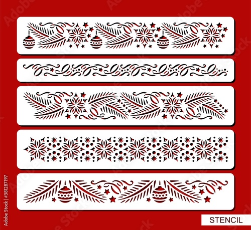 Set of stencils with seamless Christmas border. Ornament with New Year's decoration, spruce branches, serpentine, snowflakes, balls, stars. Template for laser cut, paper cutting. Vector illustration.