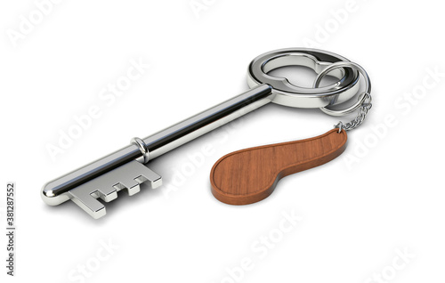 Metal key with wooden Pancreas shaped keychain isolated on white background. Pancreas concept. 3d illustration. photo