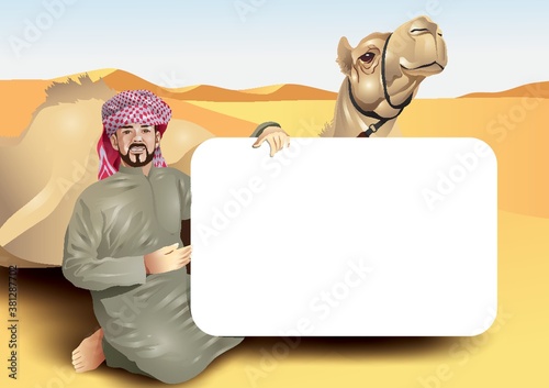 middle eastern man with a camel in the desert
