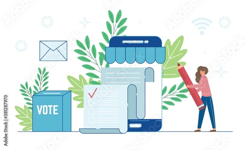 Voting online concept. Voting paper in the ballot box on phone screen.