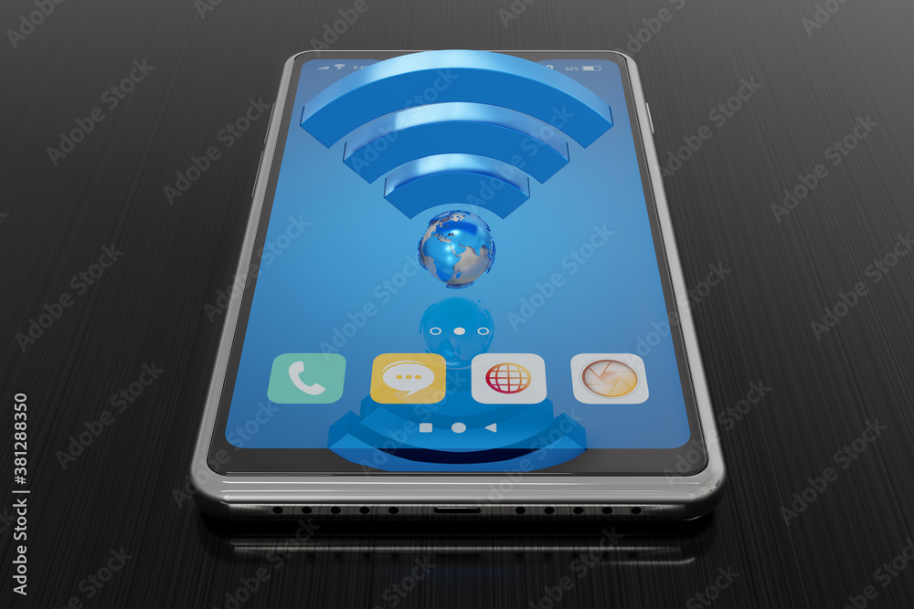 Wifi sign icon and smartphone - symbol of wireless internet connection 3d illustration Wifi sign icon and smartphone - symbol of wireless internet connection 3d illustration