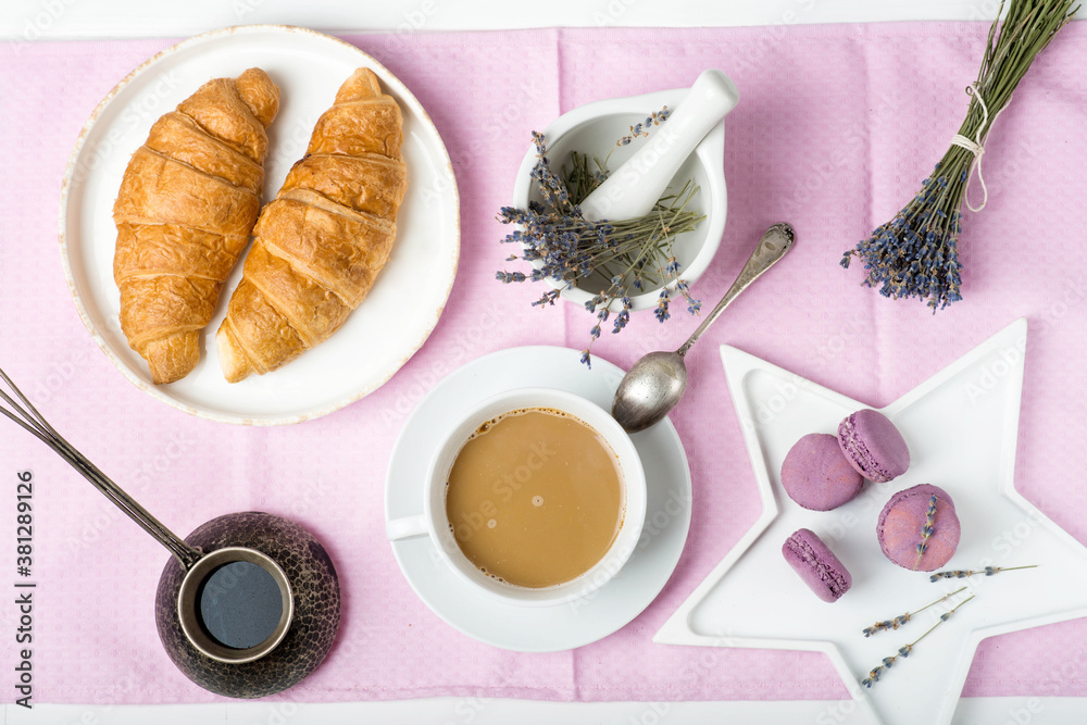 French breakfast with lavender, macaroons and croissants