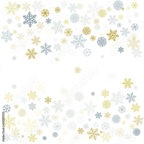 Christmas snowflakes background with place for text. Winter gold and silver snow minimal frame decoration on white, greeting card. New Year Holidays subtle backdrop. Vector illustration