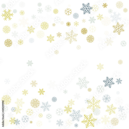 Christmas snowflakes background with place for text. Winter gold and silver snow minimal frame decoration on white  greeting card. New Year Holidays subtle backdrop. Vector illustration