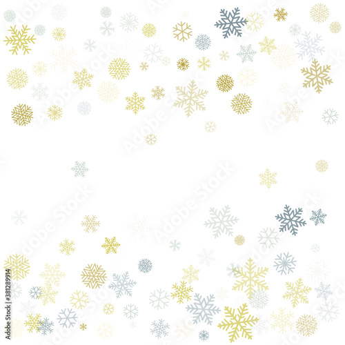 Christmas snowflakes background with place for text. Winter gold and silver snow minimal frame decoration on white, greeting card. New Year Holidays subtle backdrop. Vector illustration