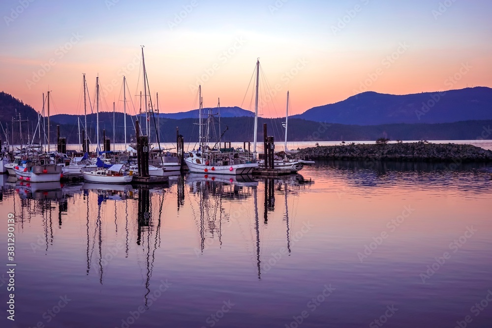 Sailboats at marina at sunset - Cowichan Bay, Vancouver Island, British Columbia, Canada 