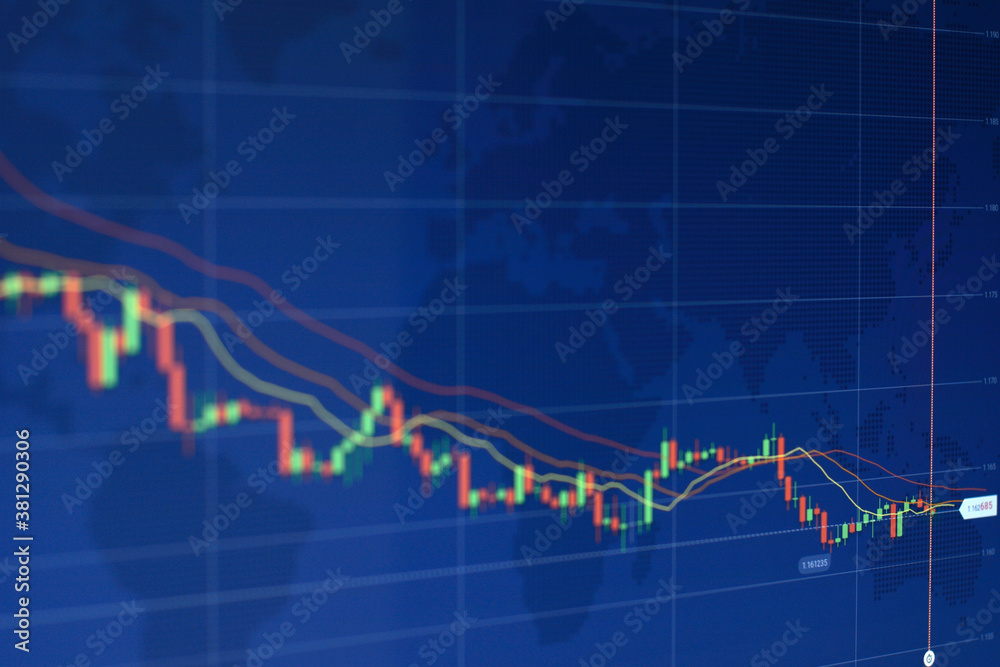 Obraz premium Candlestick chart showing market trading conditions on blue background.