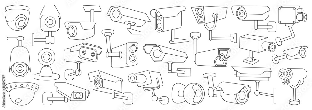Video camera vector outline set icon. Vector illustration control of surveillance on white background . Isolated outline set icon video camera.