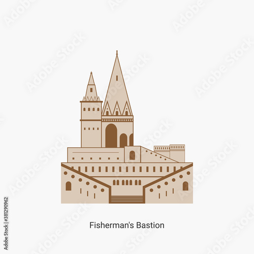 Fisherman's bastion towers in Hungary capital icon. Hungarian tourist destination you have to visit. Best historical landmark located in the Buda Castle. Vector art illustration flat design.