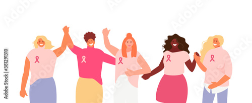 Women group in pink against breast cancer. Fight, solidarity and support vector illustration