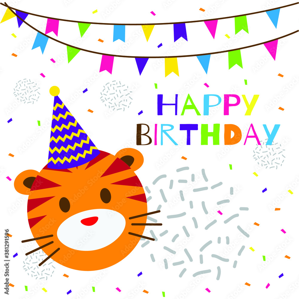 Naklejka premium happy birthday text with cute tiger head