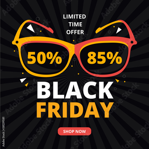 Black Friday sale square banner. Dark glasses on a black background with text of discounts. Banner or poster template for social networks, online stores on mobile phones. Flat trendy geometric style.