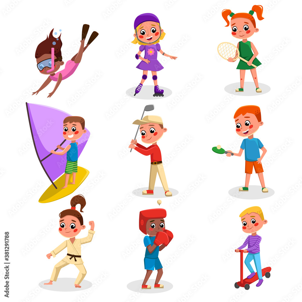 Cute Kids Doing Various Kinds of Sports Set, Boys and Girls Practicing Diving, Skating, Martial Arts, Windsurfing, Playing Tennis, Golf Cartoon Style Vector Illustration