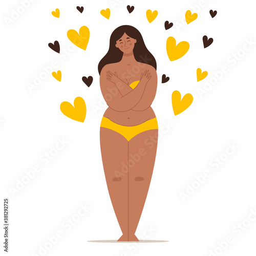 A beautiful plump woman in a swimsuit stands in full growth and hugs herself. Concept of body positivity, self-love, overweight. Flat vector female character