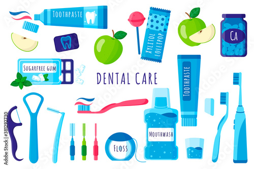 Vector cartoon set of dental tools for oral and teeth care: toothbrush, toothpaste, floss etc on white background.