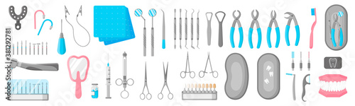 Vector cartoon set of dental therapeutic, surgical and care tools for dental treatment on a white background