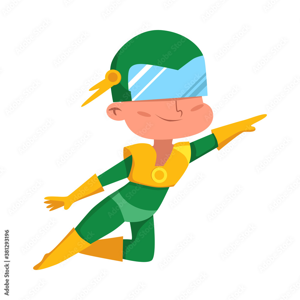 Cute Boy Girl in Green Superhero Costume, Adorable Kid Character Flying in Superhero Pose Cartoon Style Vector Illustration