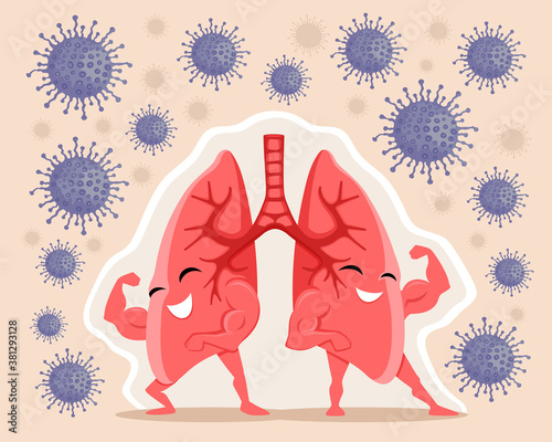 Strong and healthy lungs are protected from viruses on a beige background.