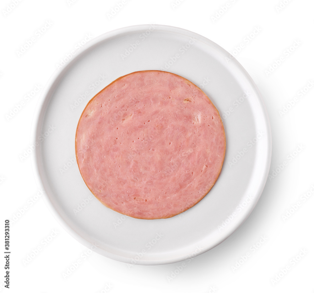slice of ham sausage on white plate