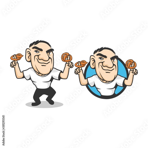 A pretzel man mascot character logo. a man with pretzel in both hands. pretzel is a type of baked pastry made from dough that is commonly shaped into a knot.