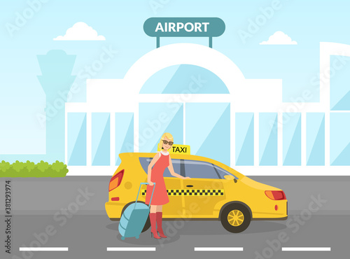 Young Woman Sitting in Taxi Car Near Airport Terminal, Mobile City Public Transportation Service Vector Illustration