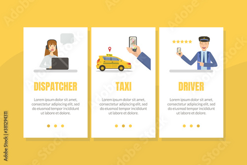Taxi Service Landing Page, Online Ordering Taxi Car, Mobile City Public Transportation Service Vector Illustration