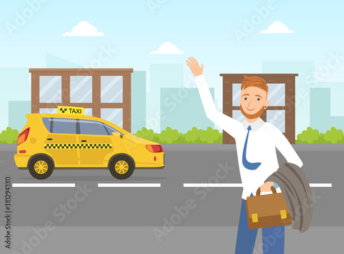 Businessman Hailing a Taxi Car, Mobile City Public Transportation Service Vector Illustration