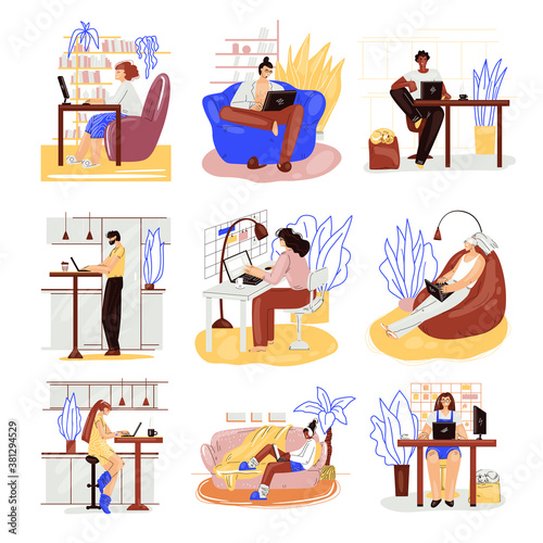 Freelance people work in comfortable cozy place set vector flat illustration. Freelancer multiracial character working from home at relaxed pace. Man and woman self employed concept