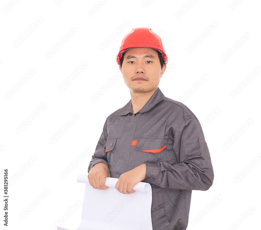 Worker rolling up drawings in front of white background Worker rolling up drawings in front of white background