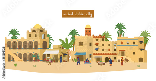 Vector Illustration Of Ancient Arabian City With People, Mud Brick Houses, Market, Palms. Flat Vector Illustration. Isolated On White.
