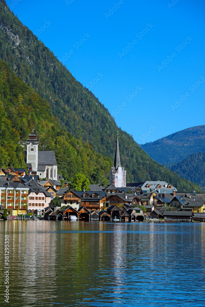 View of famous Hallstatt lakeside town in the Alps, Salzkammergut region, Austria.