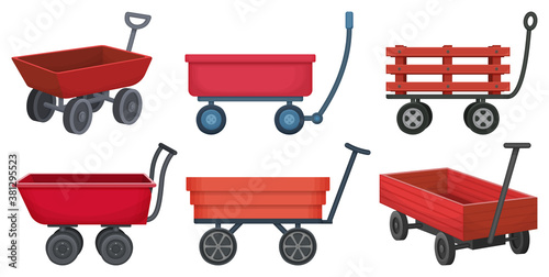 Garden wagon cartoon vector illustration on white background. Farm wheelbarrow set icon.Vector illustration set icon equipment of garden wagon.